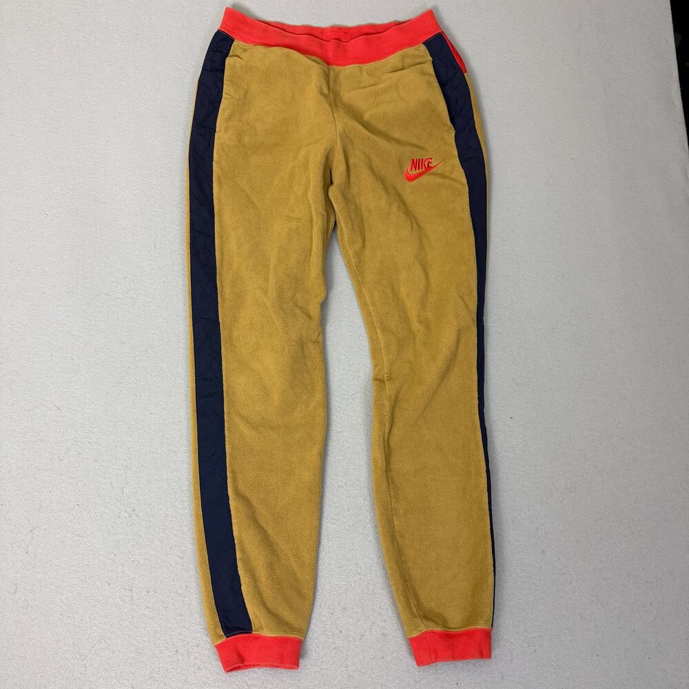 Nike Sweatpants Mens Small Tan Gold Fleece Joggers Red Waist Navy Stripe